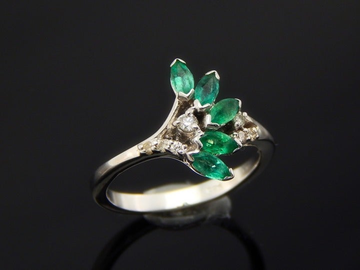 Genuine Emerald and Diamond Marquise Cut Ring in 925 Silver