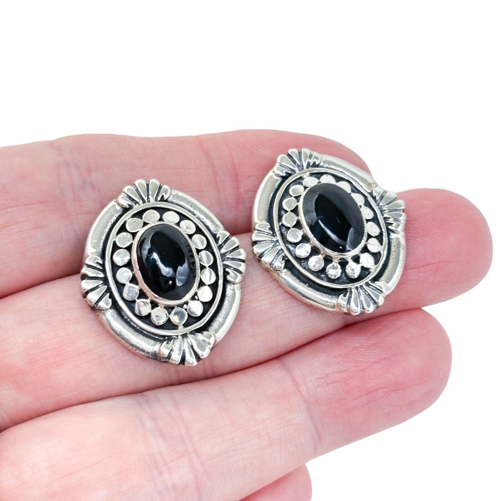 Vintage Southwest Sterling Silver 925 Ornate Black Onyx Earrings