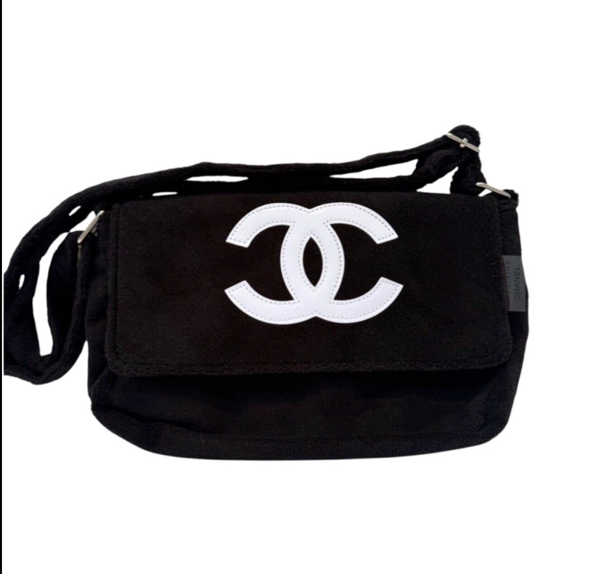 Authentic Black Chanel White Coco Mark Pile Crossbody Shoulder Bag Soft Handbag