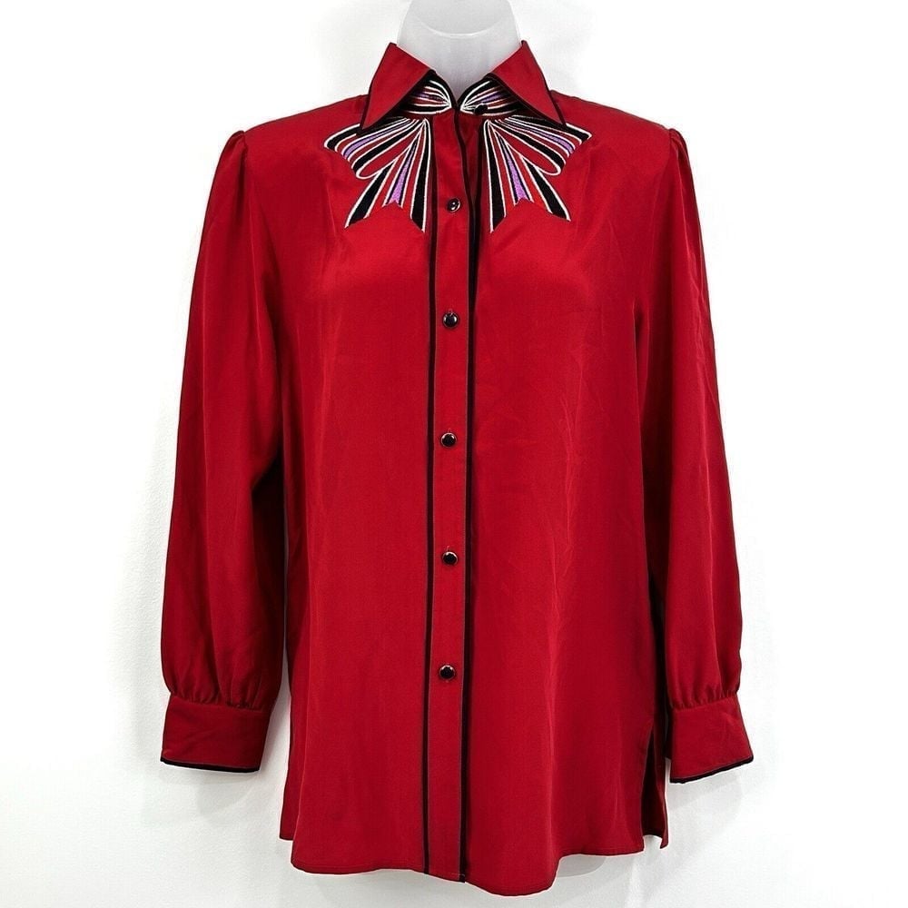 Bob Mackie Top Women's XS Red Wearable Art 100% Silk Embroidered Button Up NWT