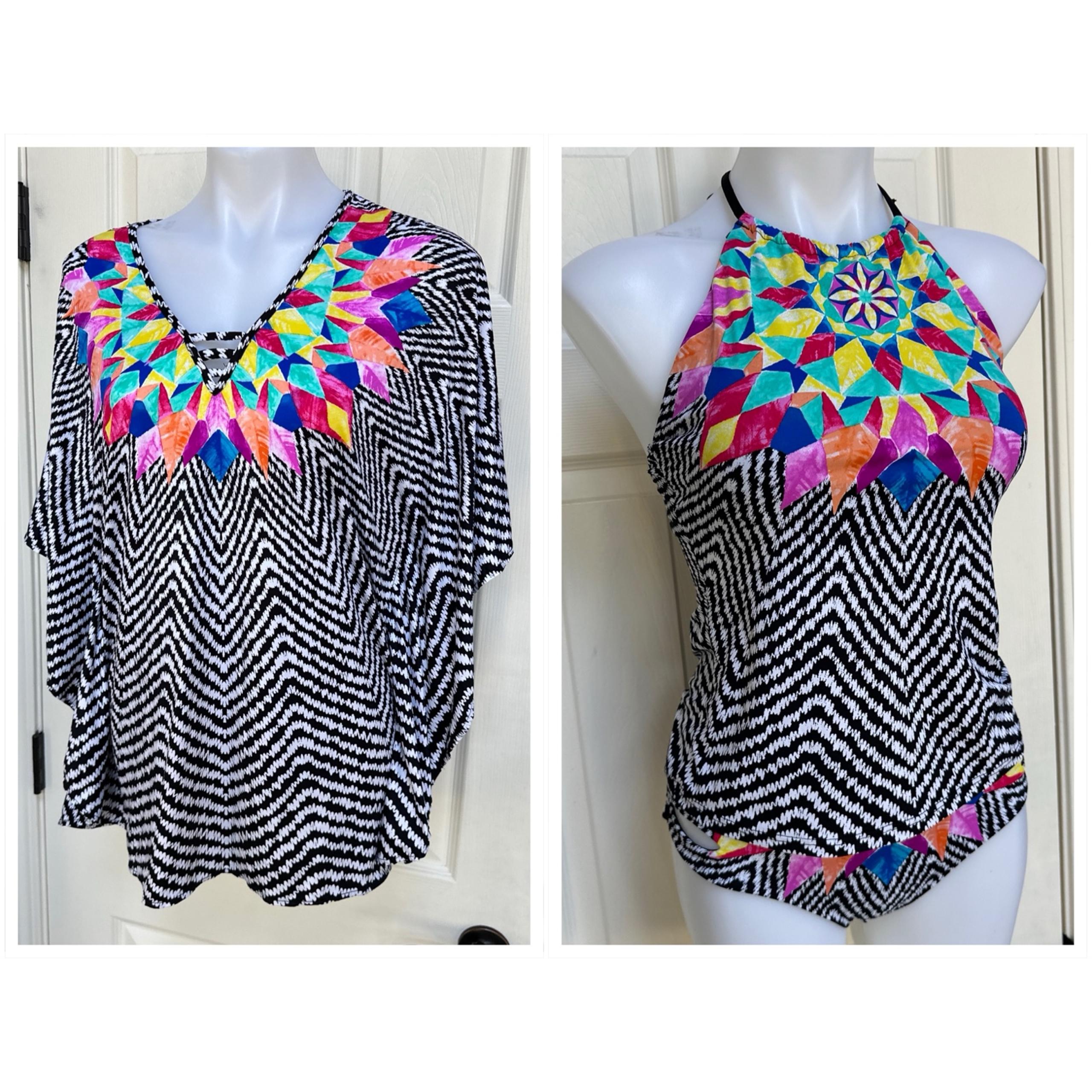 Bar III Tankini Top Bottom Swimsuit Cover Up Black White Multi Aztec Halter M