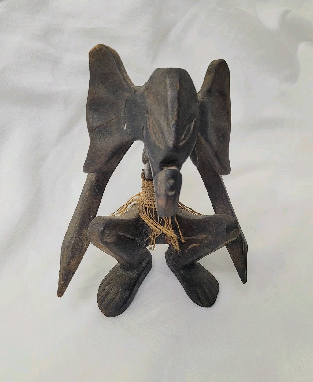 Elephant Man Squatting Carved Wood Statue 8 1/2 African Tribal Vintage