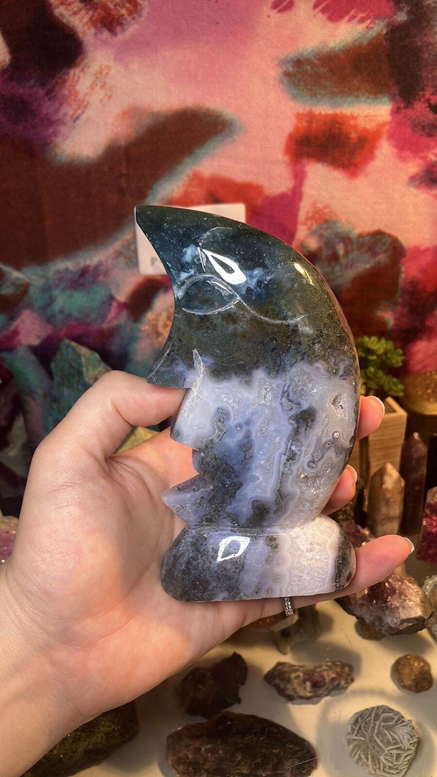 Moss Agate Moon Statement Carving