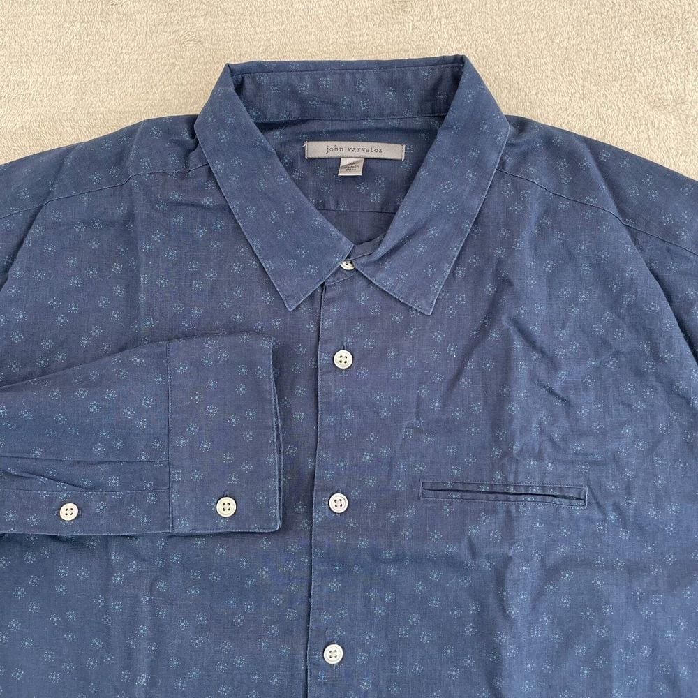 John Varvatos Collection Shirt Men XL Navy Blue Floral Linen Blend Long Sleeve