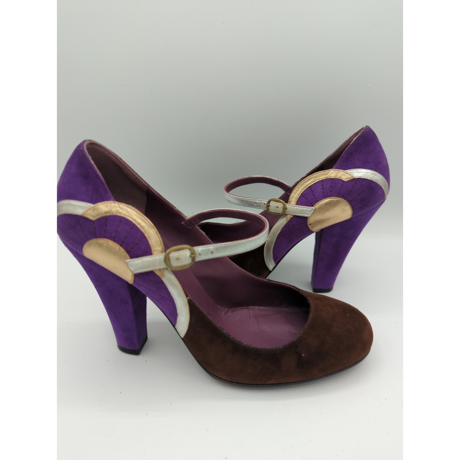 Marc Jacobs Purple & Brown Suede Metallic Detail Mary Jane Heels