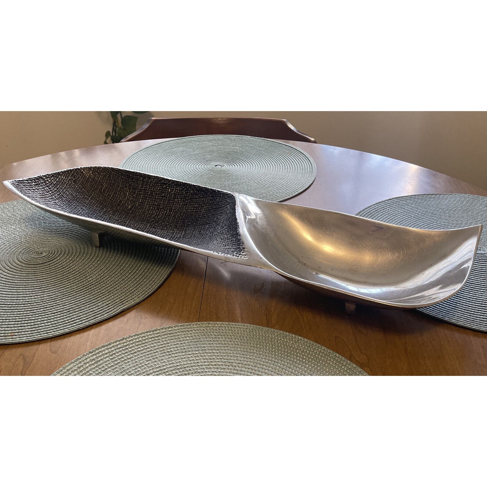Vintage Palecek Metal Burlap Printed Decorative Split Trough Bowl 24” X 6”