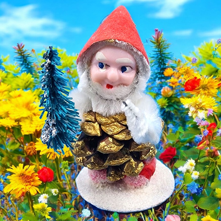 Putz Elf Ornament Bottle Brush Tree Gold Pinecone Chenille Red Flocked Hat Vinta