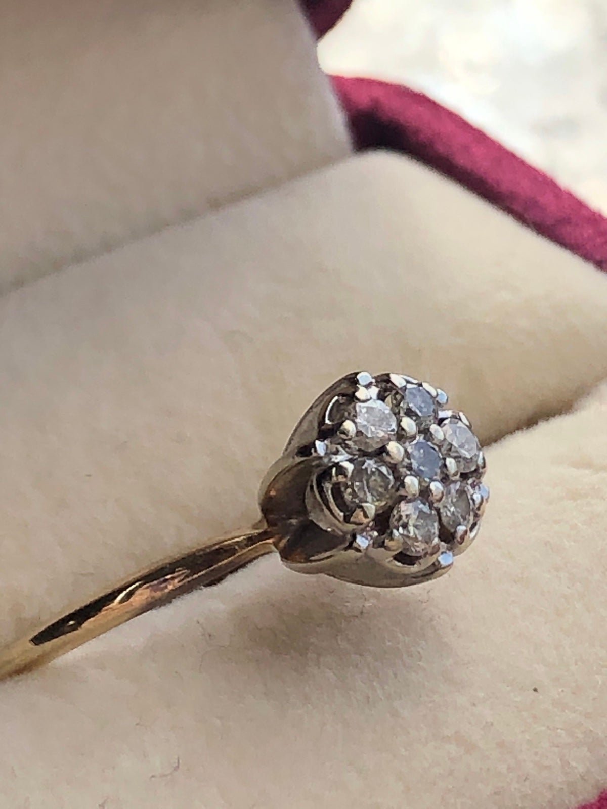 Estate two toned white gold and yellow, 7 Diamond cluster ring 14k engagement
