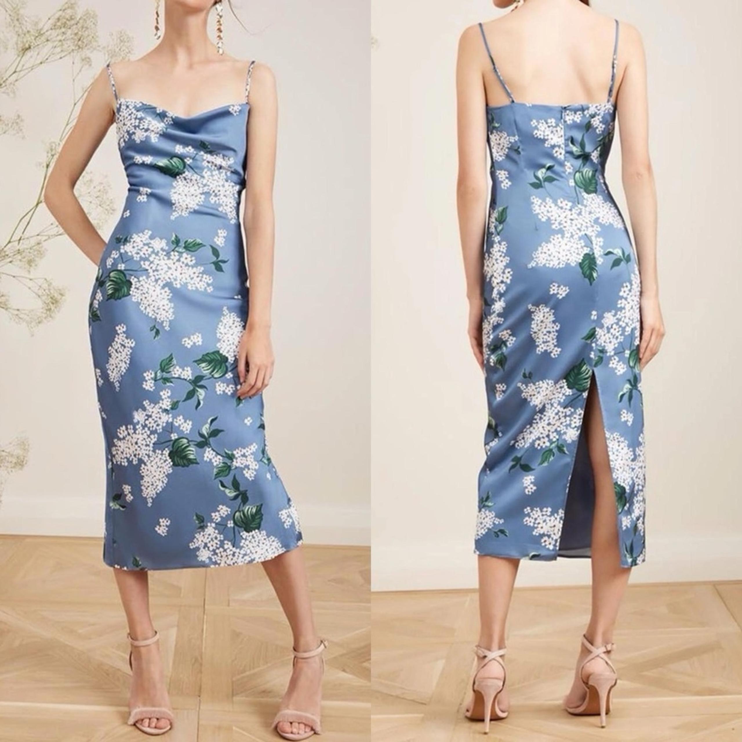 NWT Blue Floral Print Satin Cowl Neck Midi Dress Size M Slit Cocktail Party