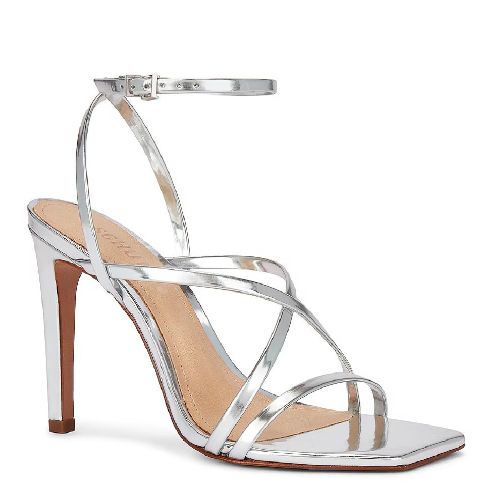 Schutz Revolve Heeled Sandal Bari Strappy Stiletto Square Toe Metallic Silver