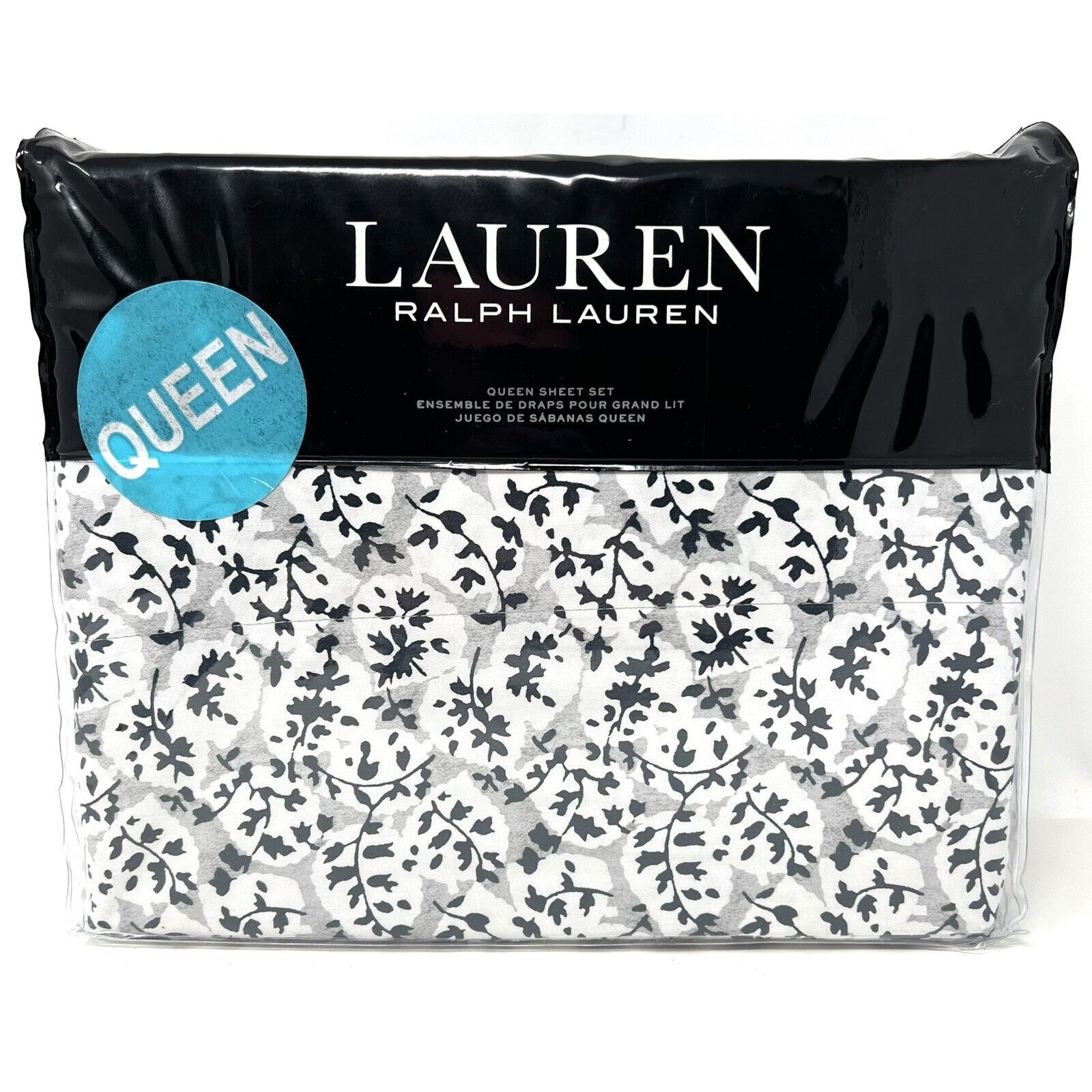 Ralph Lauren Eva Leaf Floral Sheet Set Queen Gray Navy 100% Cotton Sateen 4pcs