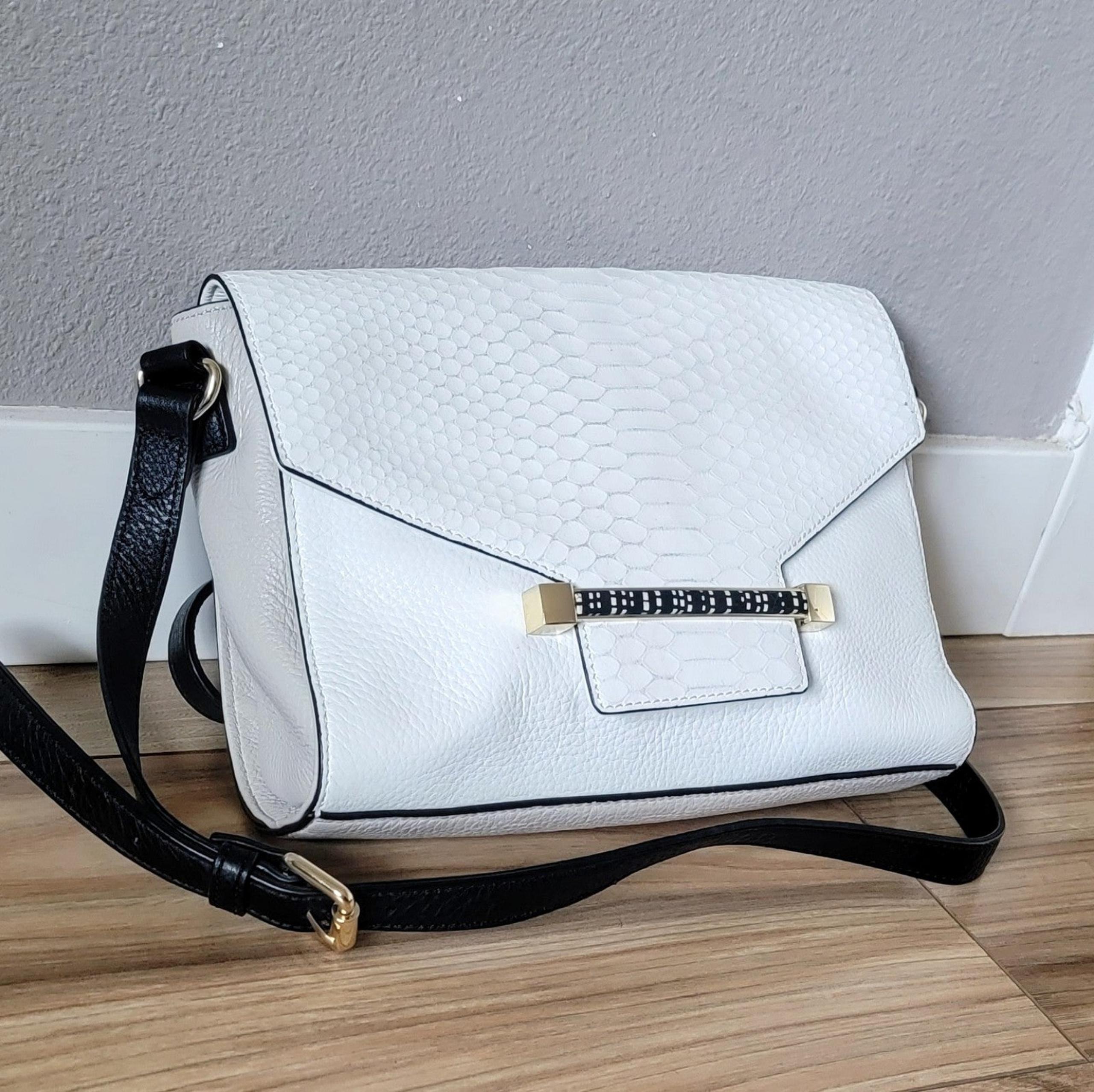 Vince Camuto Julia Snakeskin Small Flap Crossbody in White & Nude