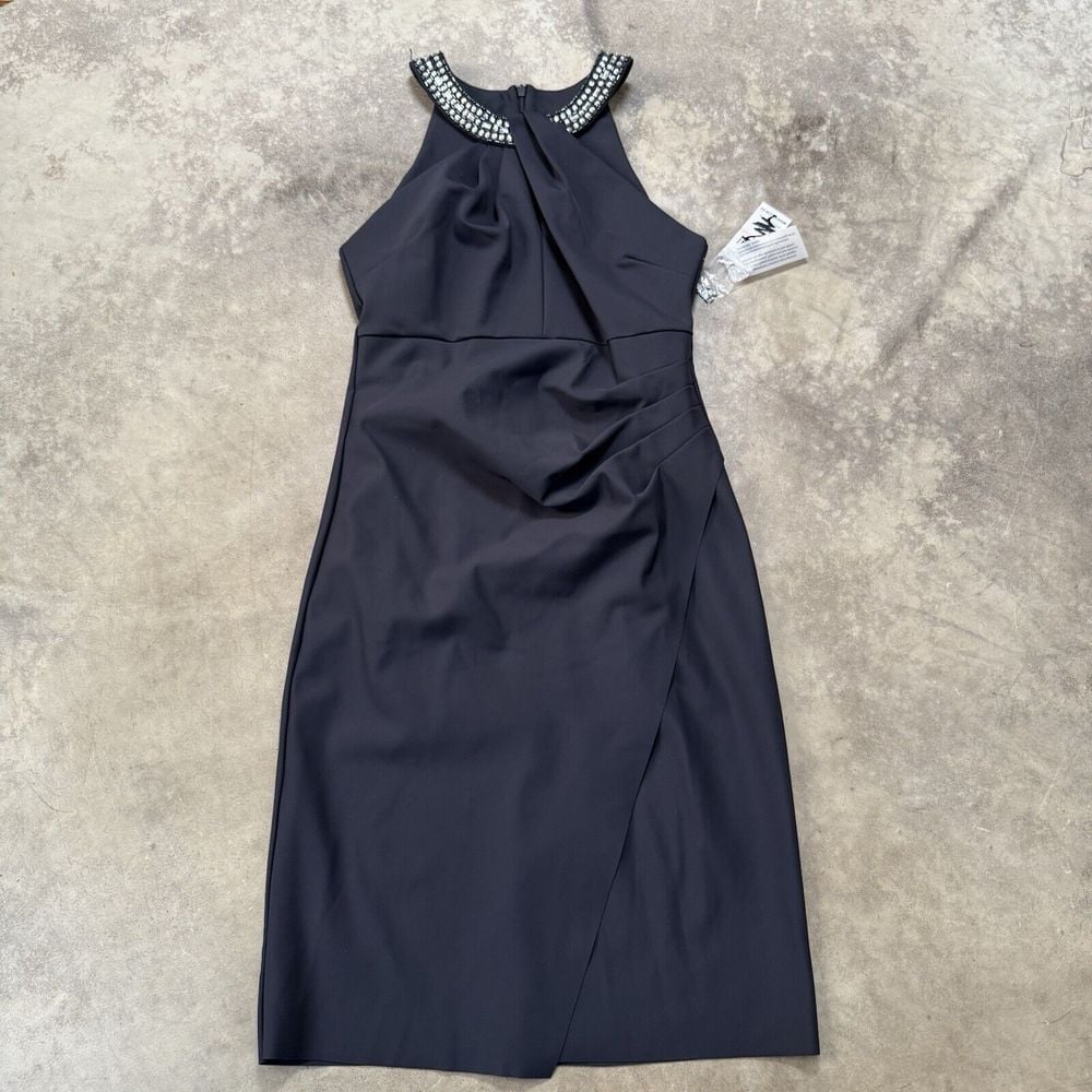 Alex Evenings Sheath Dress Womens 10 Charcoal Gray Beaded Halter Neck