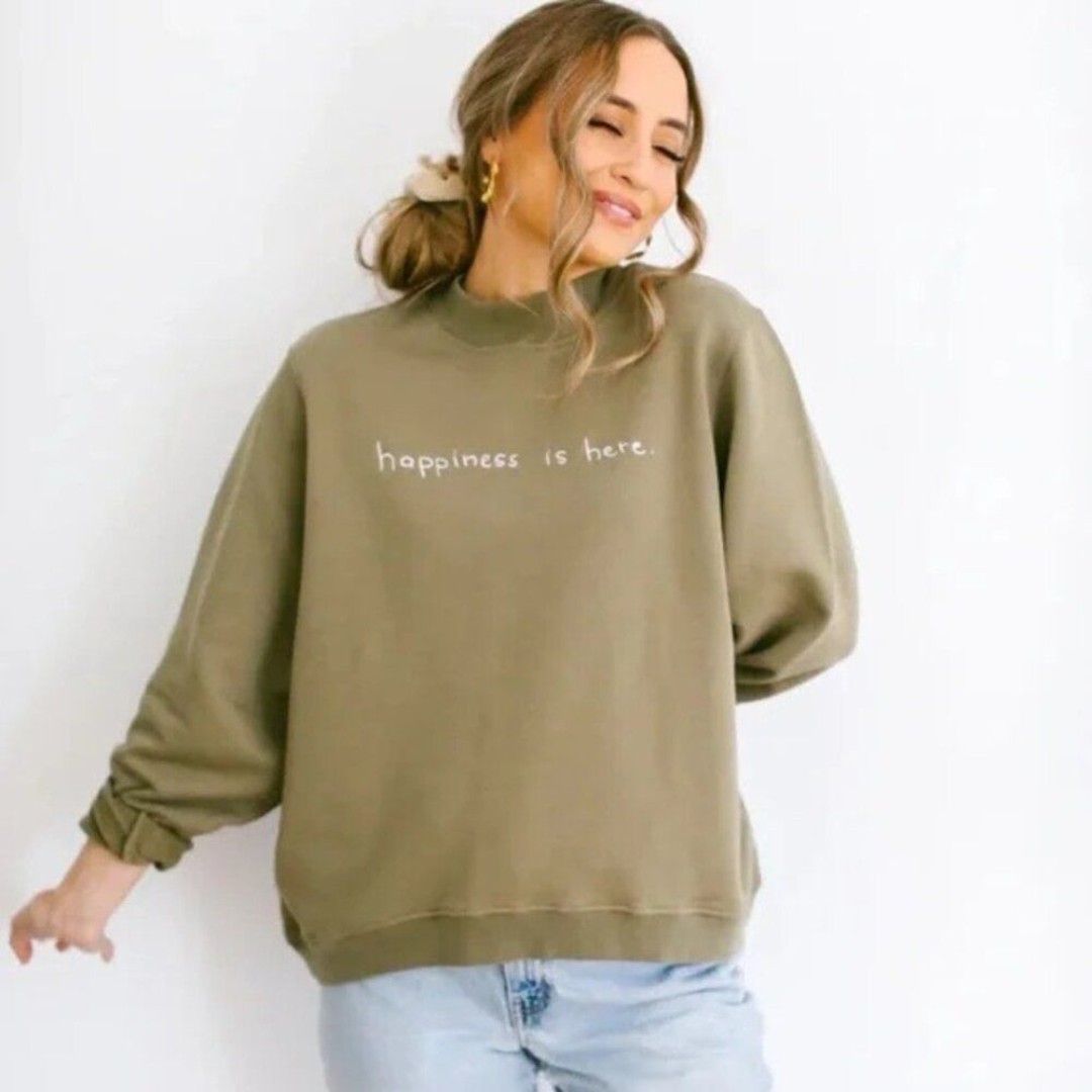 Kristin Made Happiness Is Here Crewneck Sweatshirt Olive Green Size Large/XL