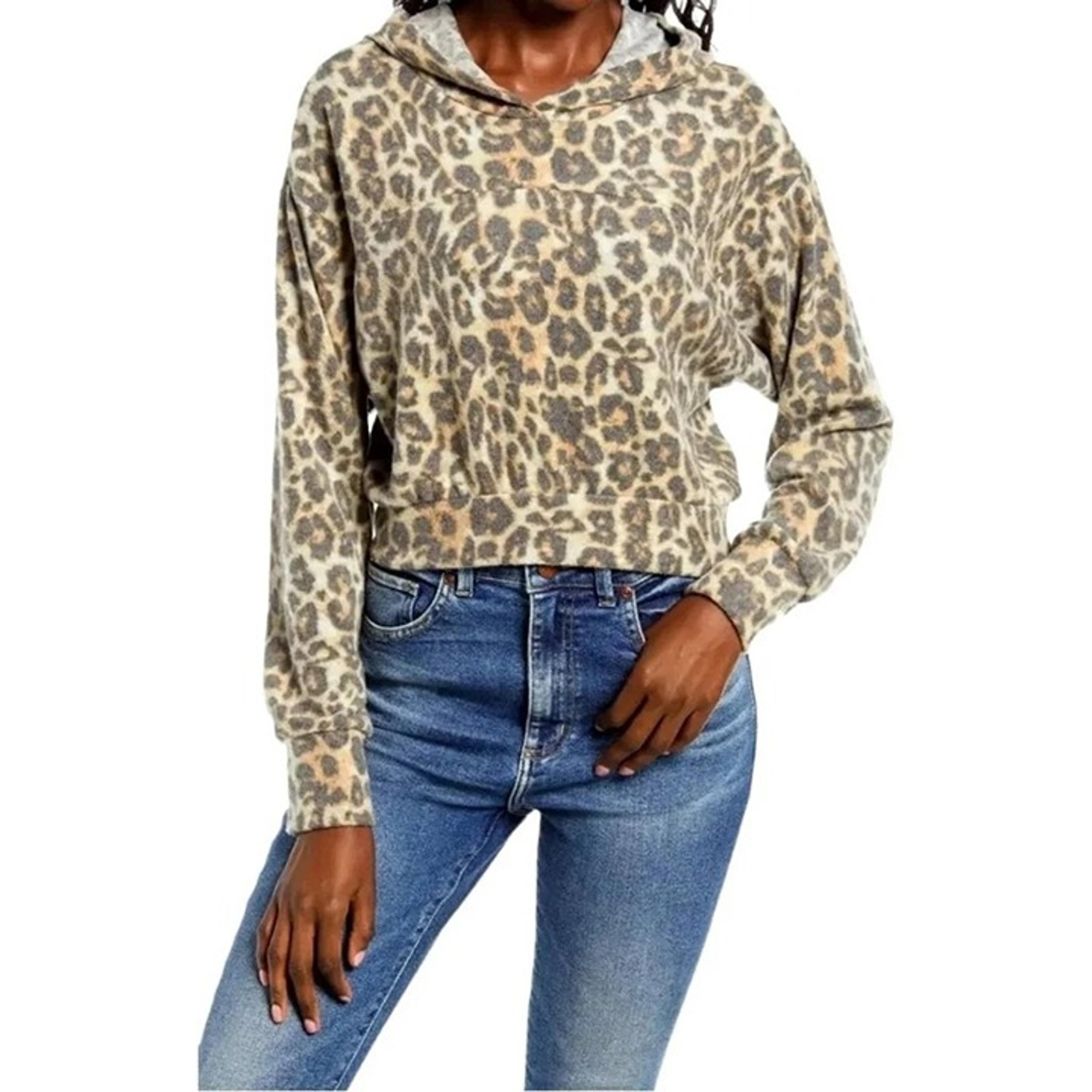 Socialite Brown Leopard Fuzzy  Hoodie Sweatshirt Small NWT