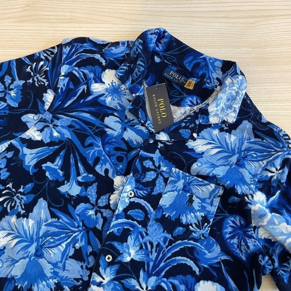 NWT Ralph Lauren Polo Mens Floral Blue Terry Cloth Camp Shirt 138 Size Large