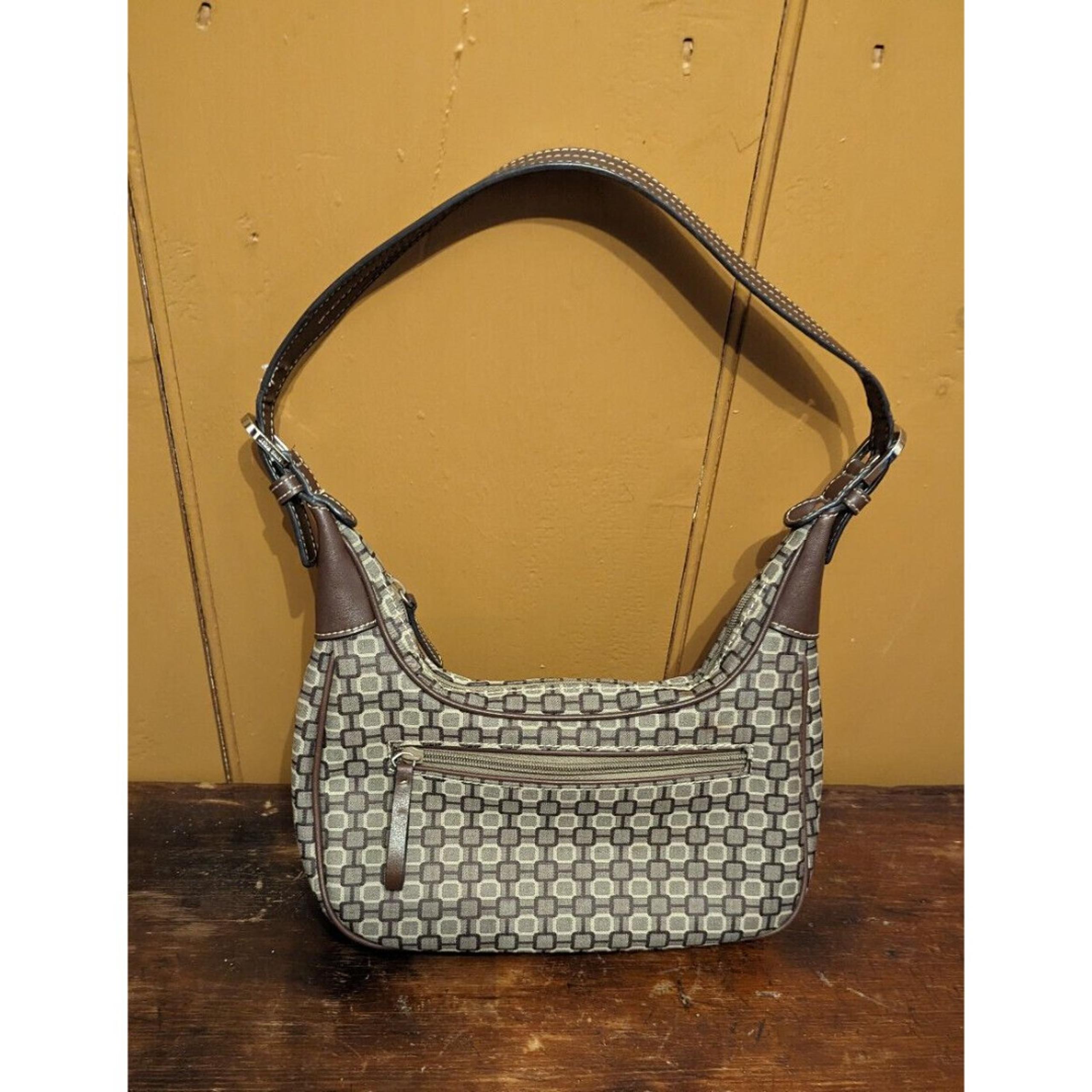 Canvas Satchel Purse Shoulder Handbag Brown Tan Geometric Pattern EUC - Nine West