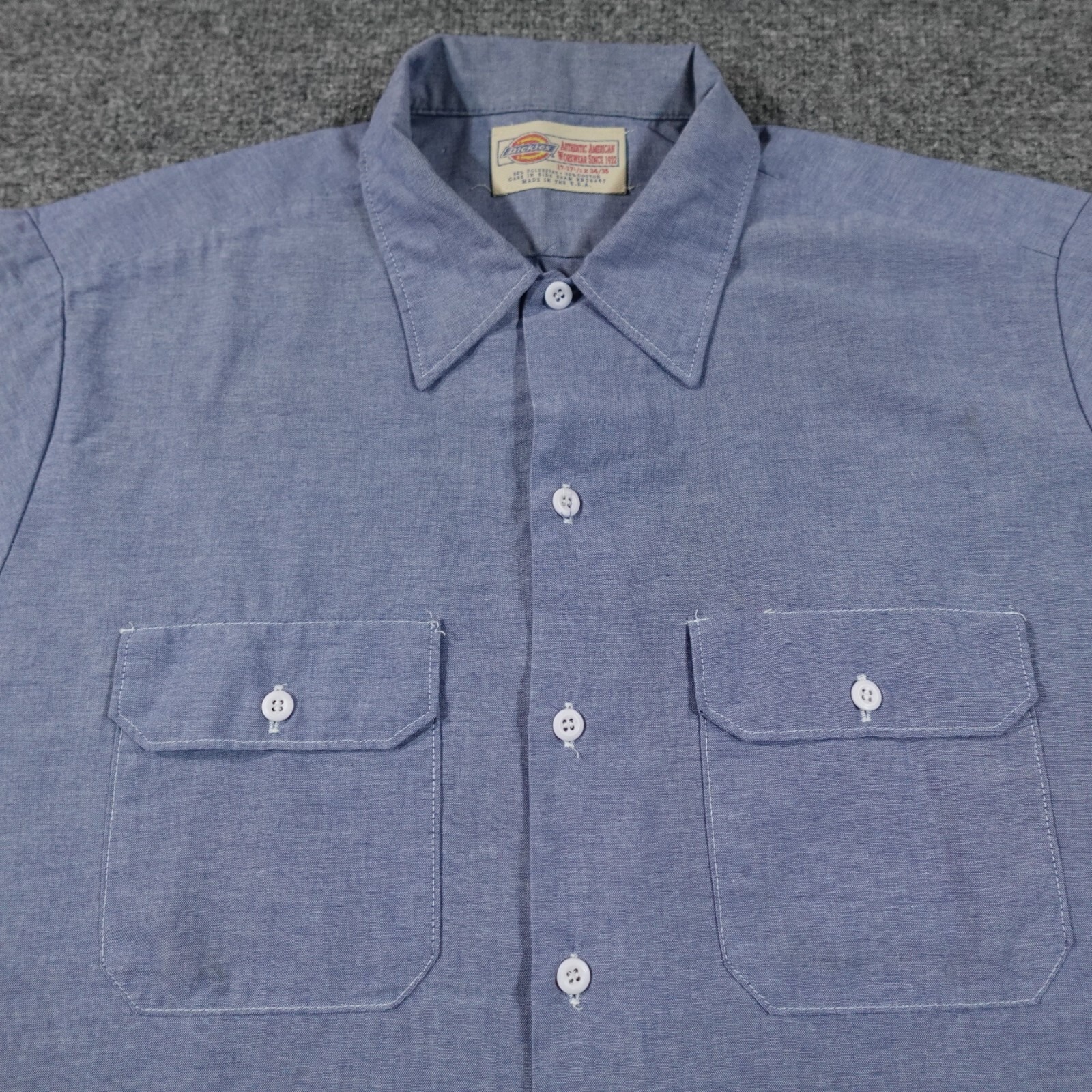 VTG Dickies Shirt Men 17.5 34 Blue Chambray Work Mechanic Button 90s USA 13434