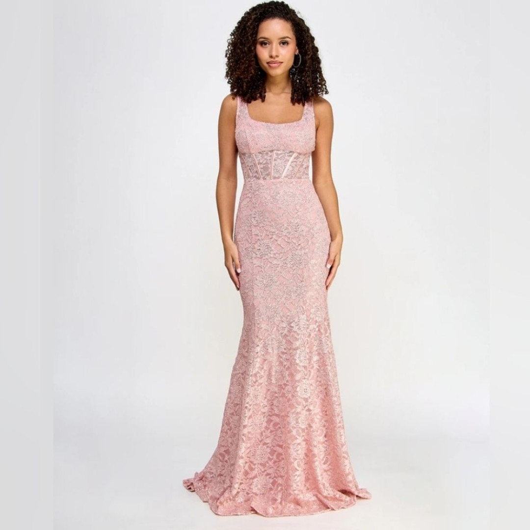 City Studios Juniors Square Neck Floral Lace Gown.In Color Blush Rose.Size 13/14