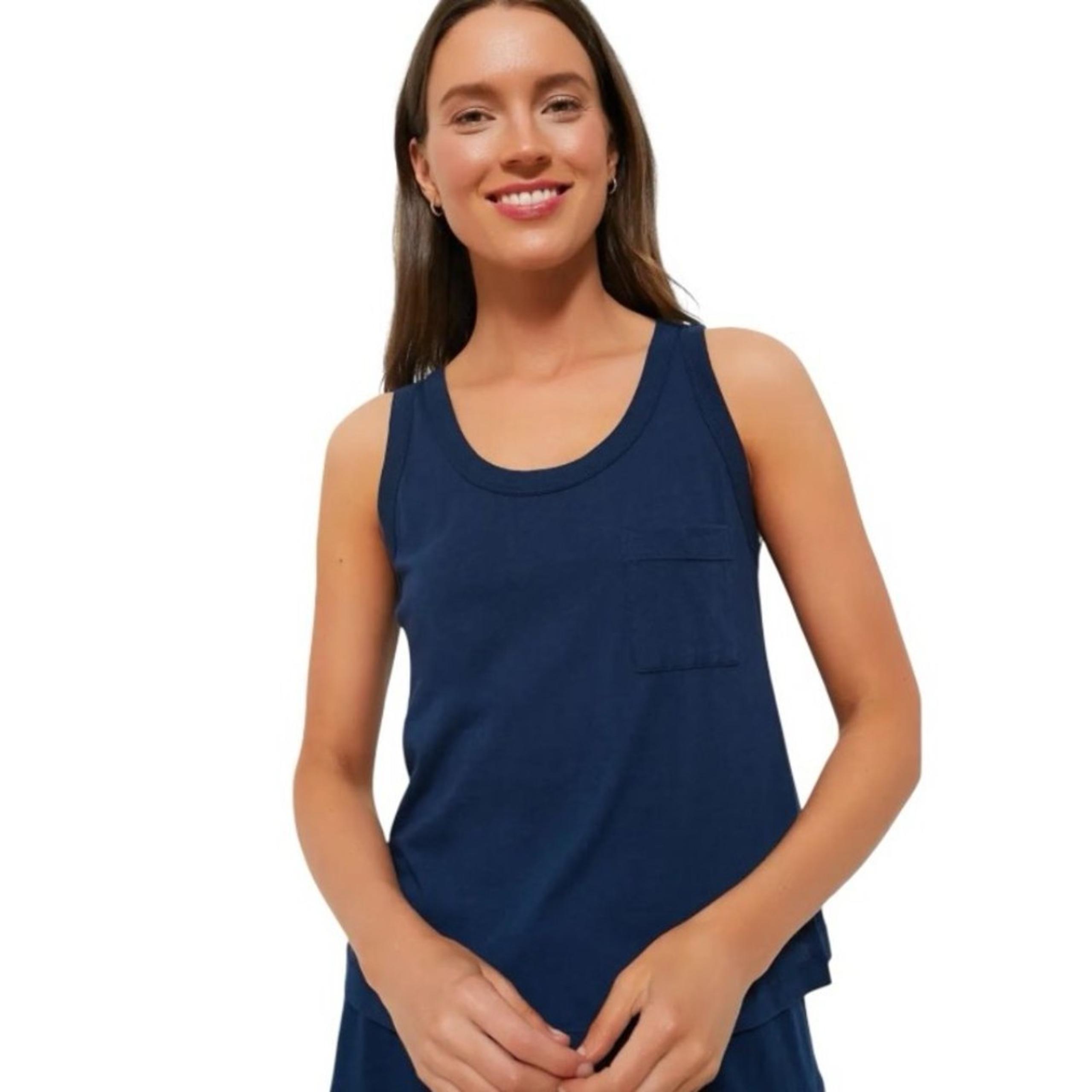 NWT Eberjey Aloe Infused Cotton Tank Chest Pocket Navy Blue Large Reg. $68