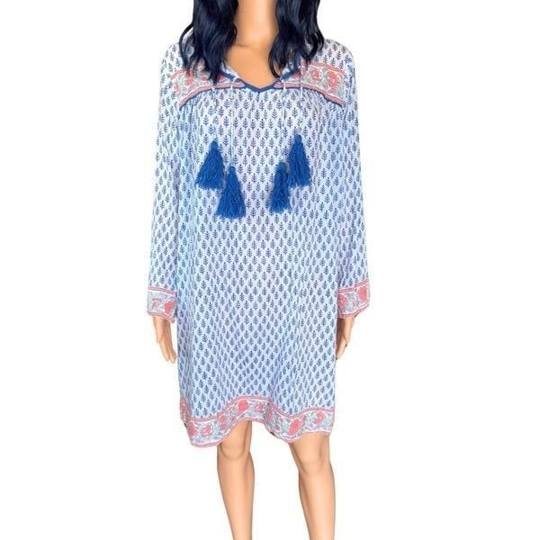 SZ Blockprints Tuckernuck Tassel White Blue Boho Tunic Dress Size Large