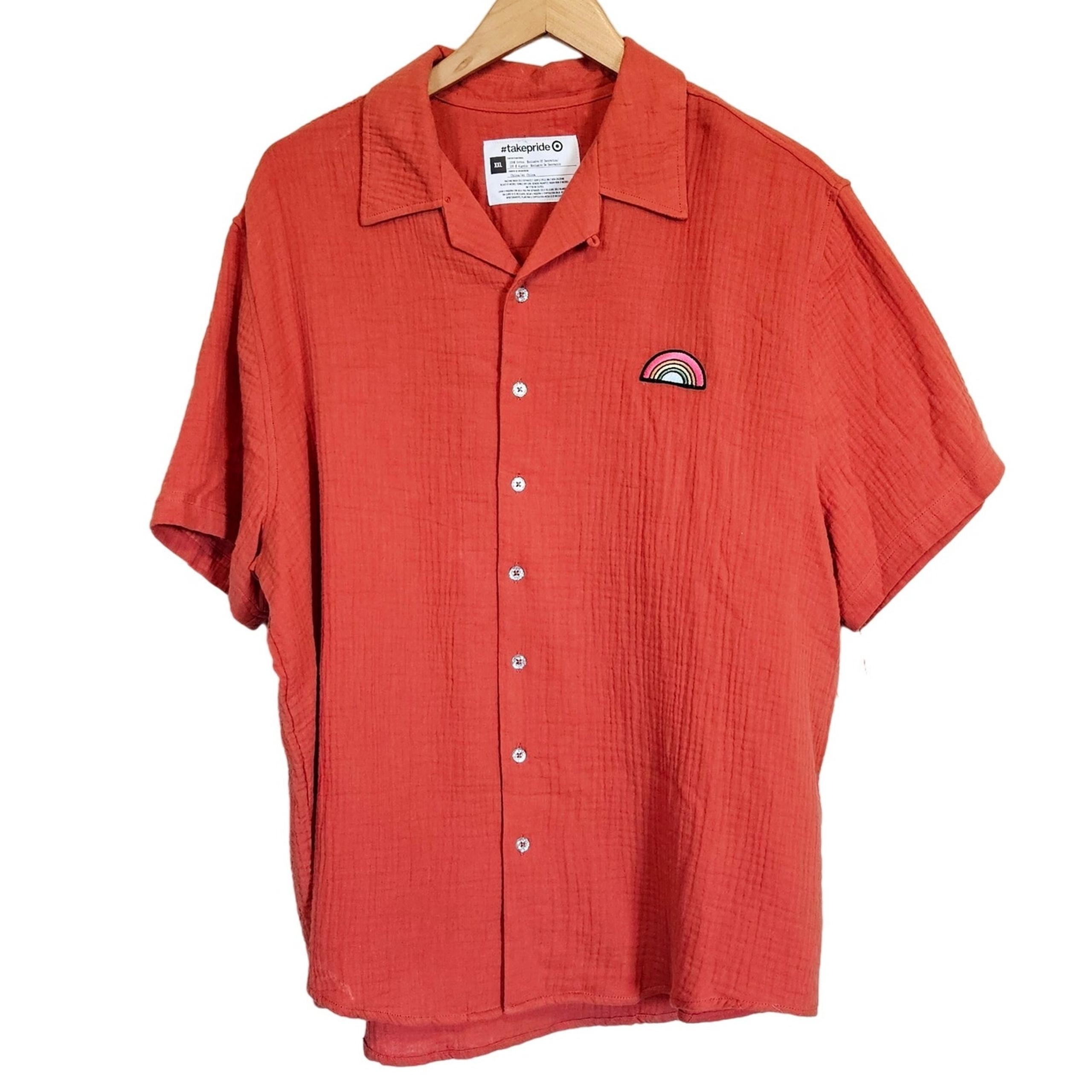 #takepride Target Button Down Shirt Orange Gauzy Cotton Rainbow Sparkle Mens XXL