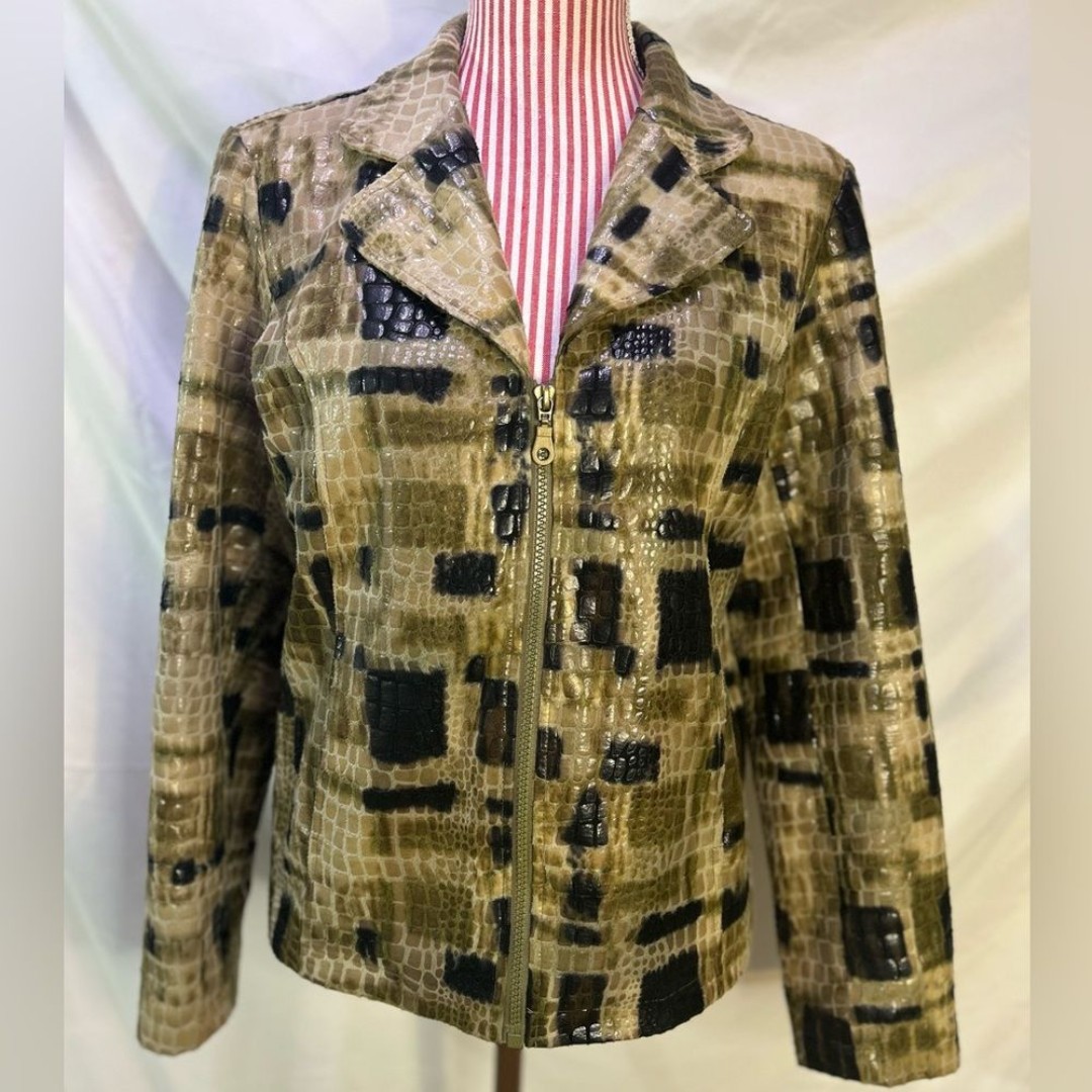 Vintage Selene Sport Faux Crocodile Leather Green Black Zip Up Jacket Size 8