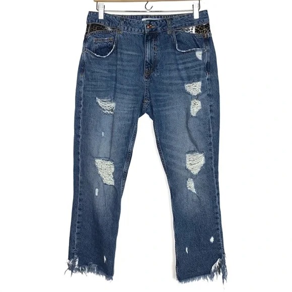 Leopard Print Waistband Distressed Raw Hem Jeans