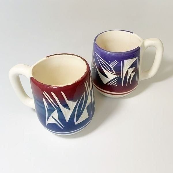 Wing Ute USA Tribal Hand Painted Carved Pottery Coffee Mugs Yazzie Silas Signed