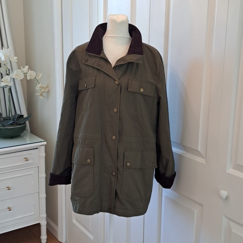 Lands' End Womens Army Green Water Resistant Barn/Field Coat Corduroy Collar S-M