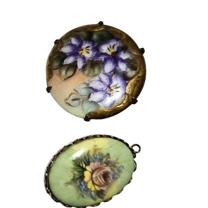 Antique Hand-Painted Floral Porcelain Brooch & Pendant Set