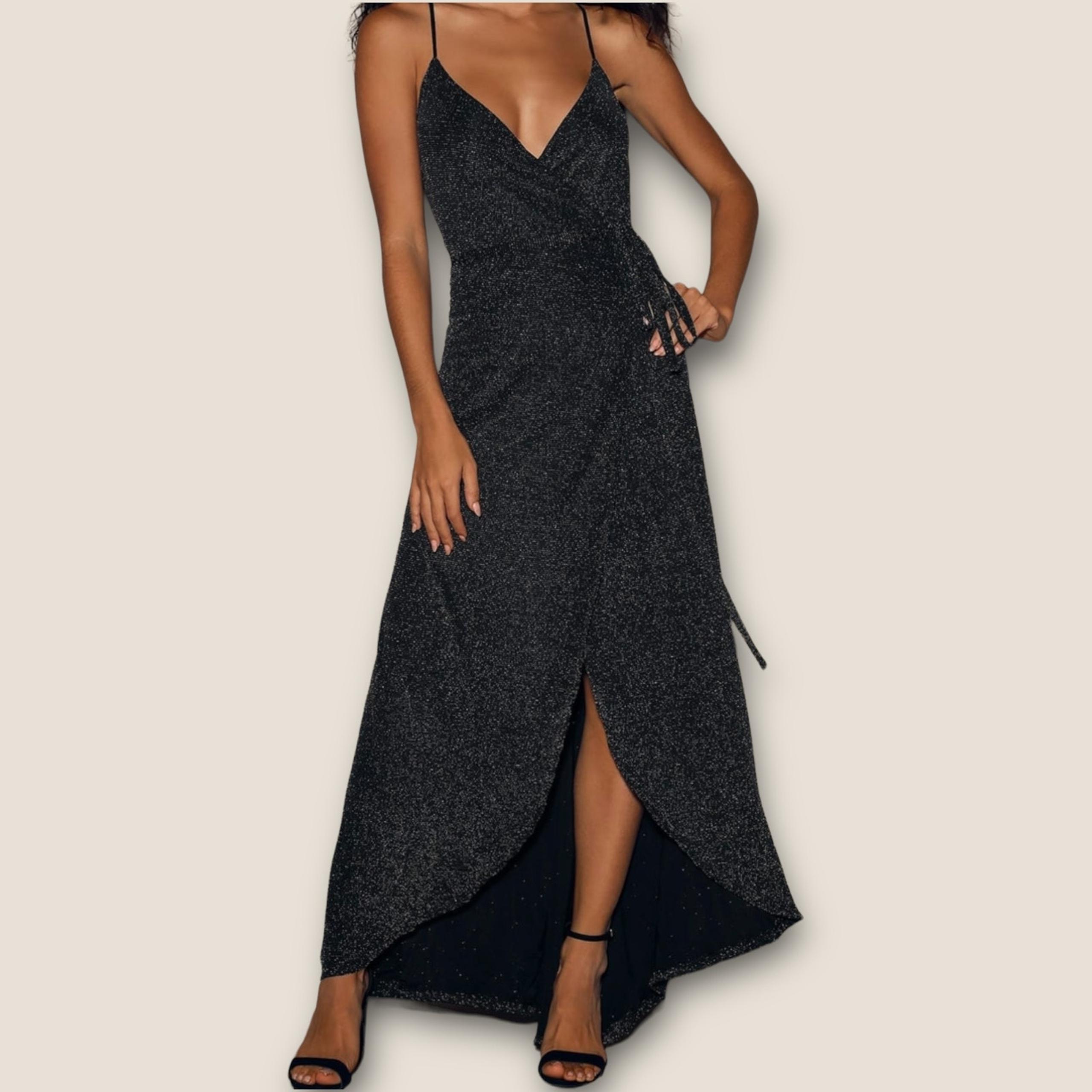 LULUS Celestial Black and Silver Wrap Maxi Dress NWT Size XS