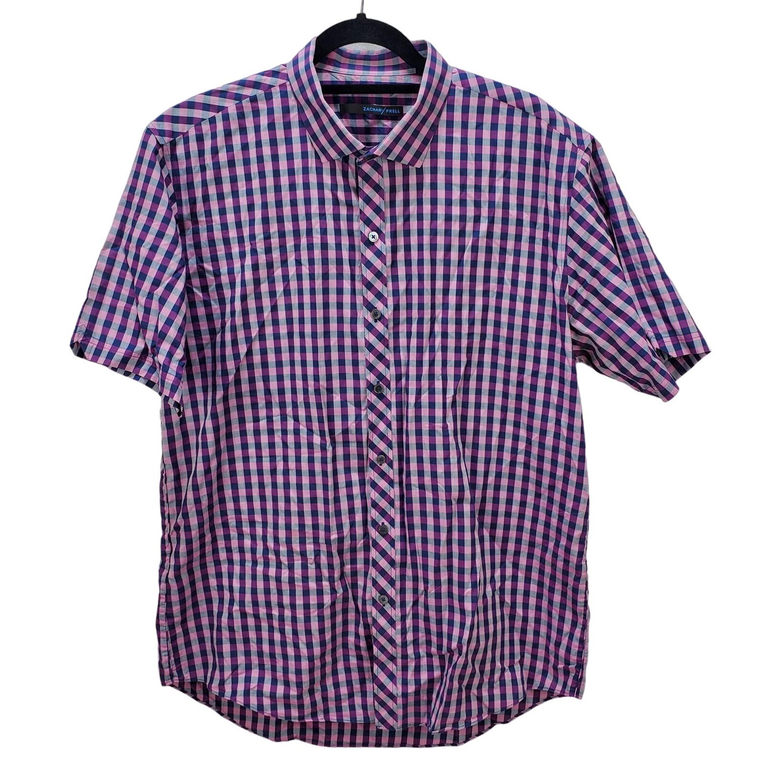 Zachery Prell Shirt Mens XL Plaid Button Front Purple Blue Short Sleeve Collared
