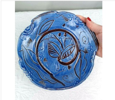 Studio Art Pottery Pedestal Stand Dish Blue Signed Louisurg College NC Redware