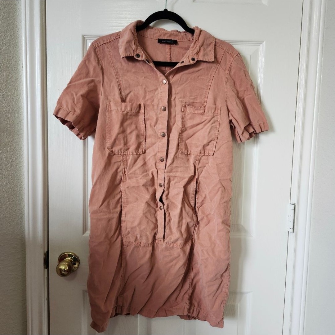 Cop.Copine Pastel Orange Snap Button Down Chambray Collar Shirt Dress L