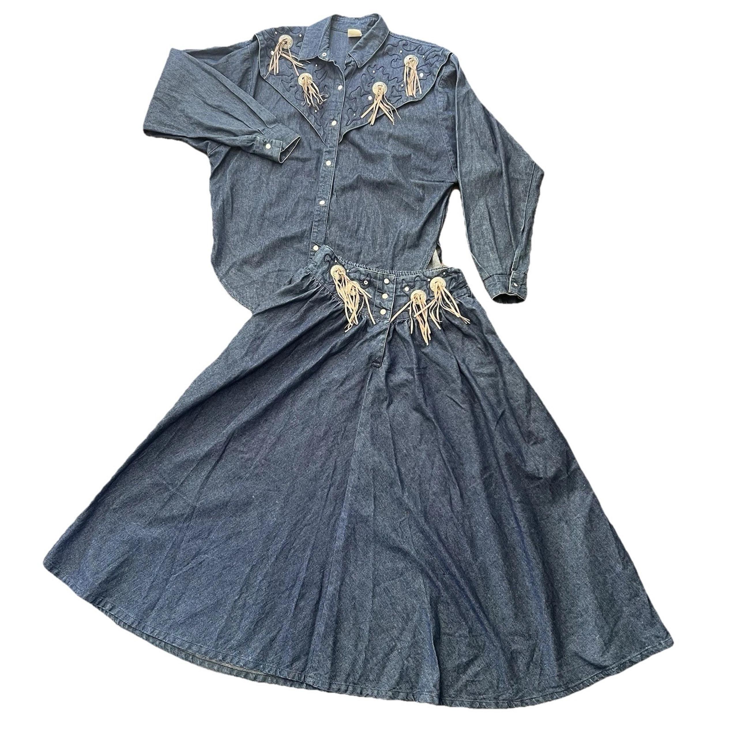 VTG 80s Western Cowgirl Rodeo Southwest Denim Skirt Shirt Snaps conchos Med 8