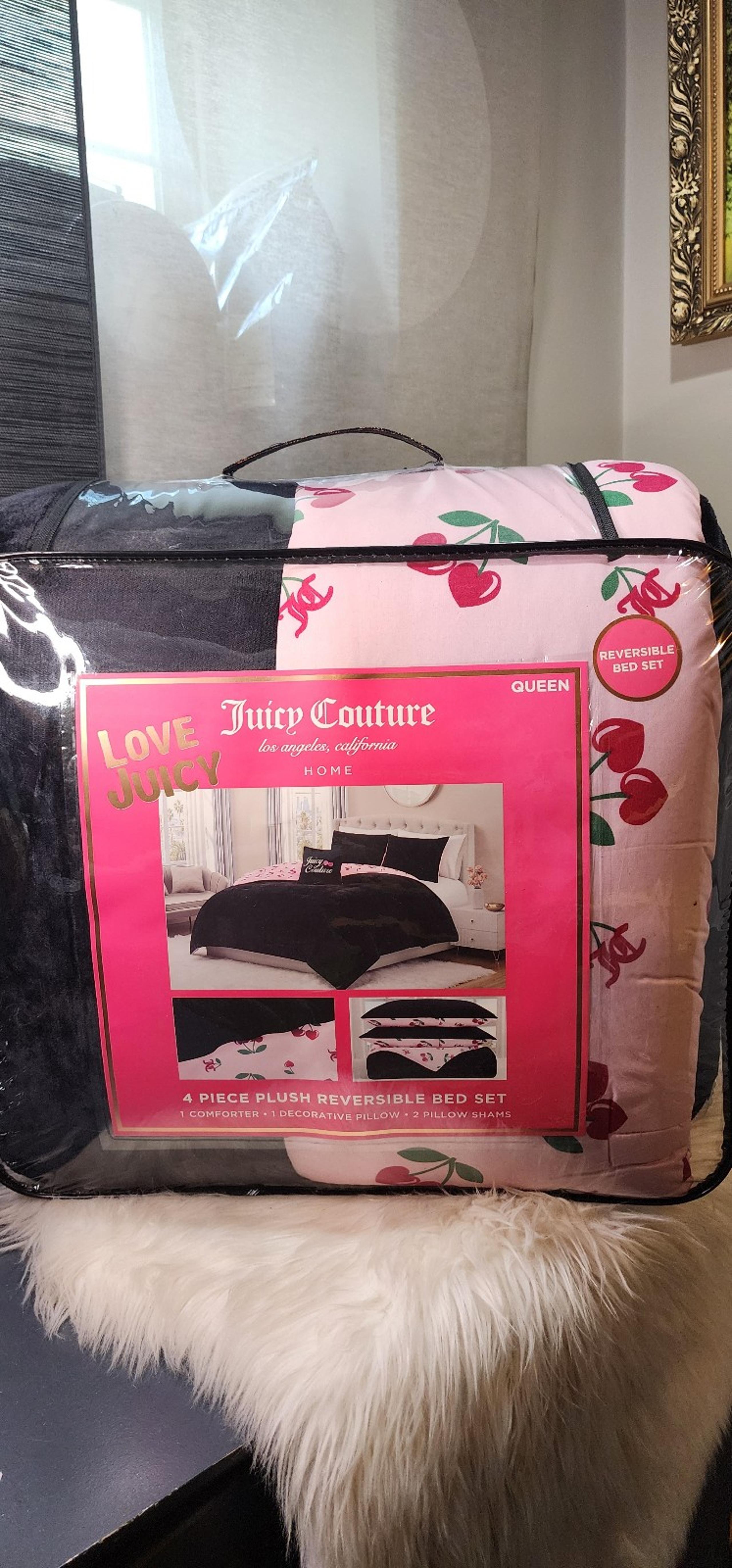 Juicy Couture 4 piece Queen Cherry Plush Reversible Bed Set