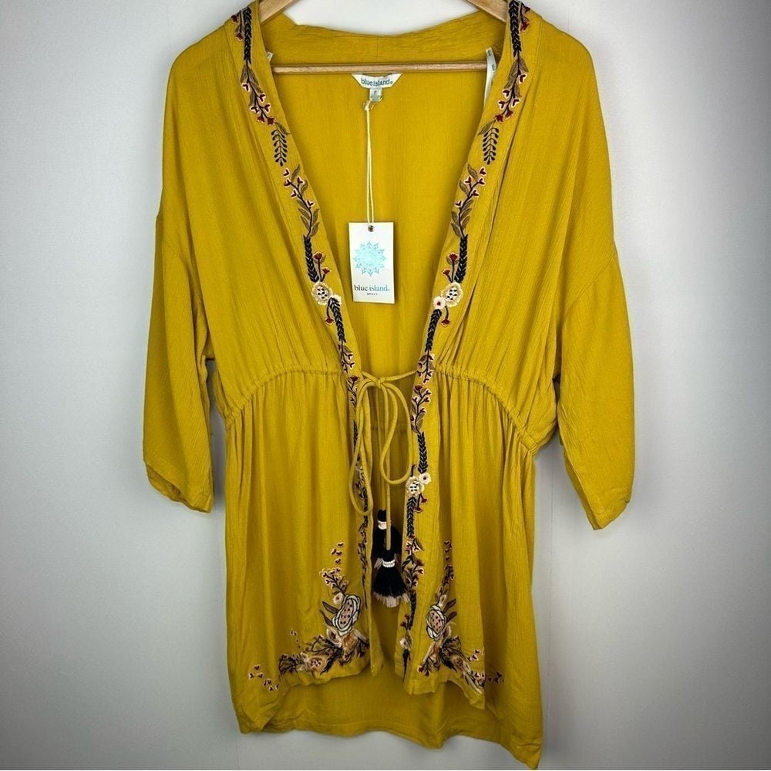 Blue Island Boho Embroidered Tassel tie tunic top swim cover up Mustard Yellow