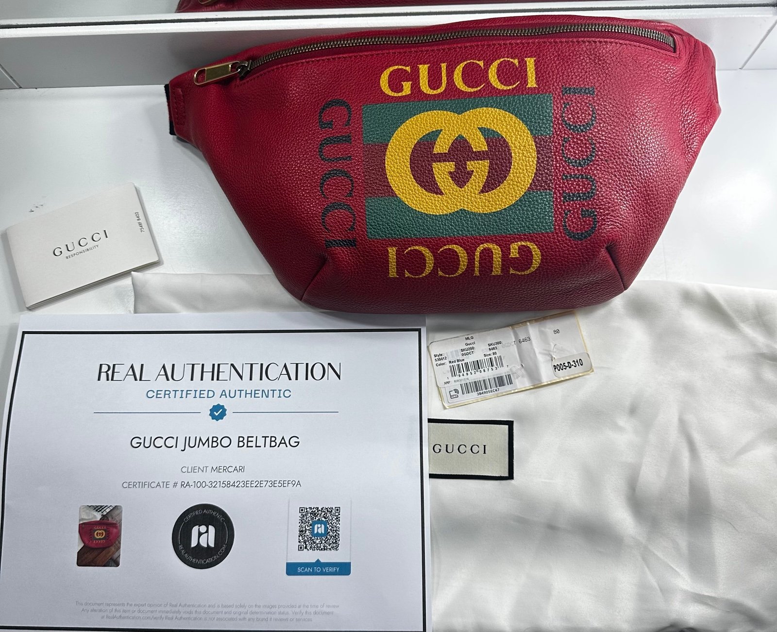 GUCCI Red Grained Calfskin Leather JUMBO Belt Bag unisex