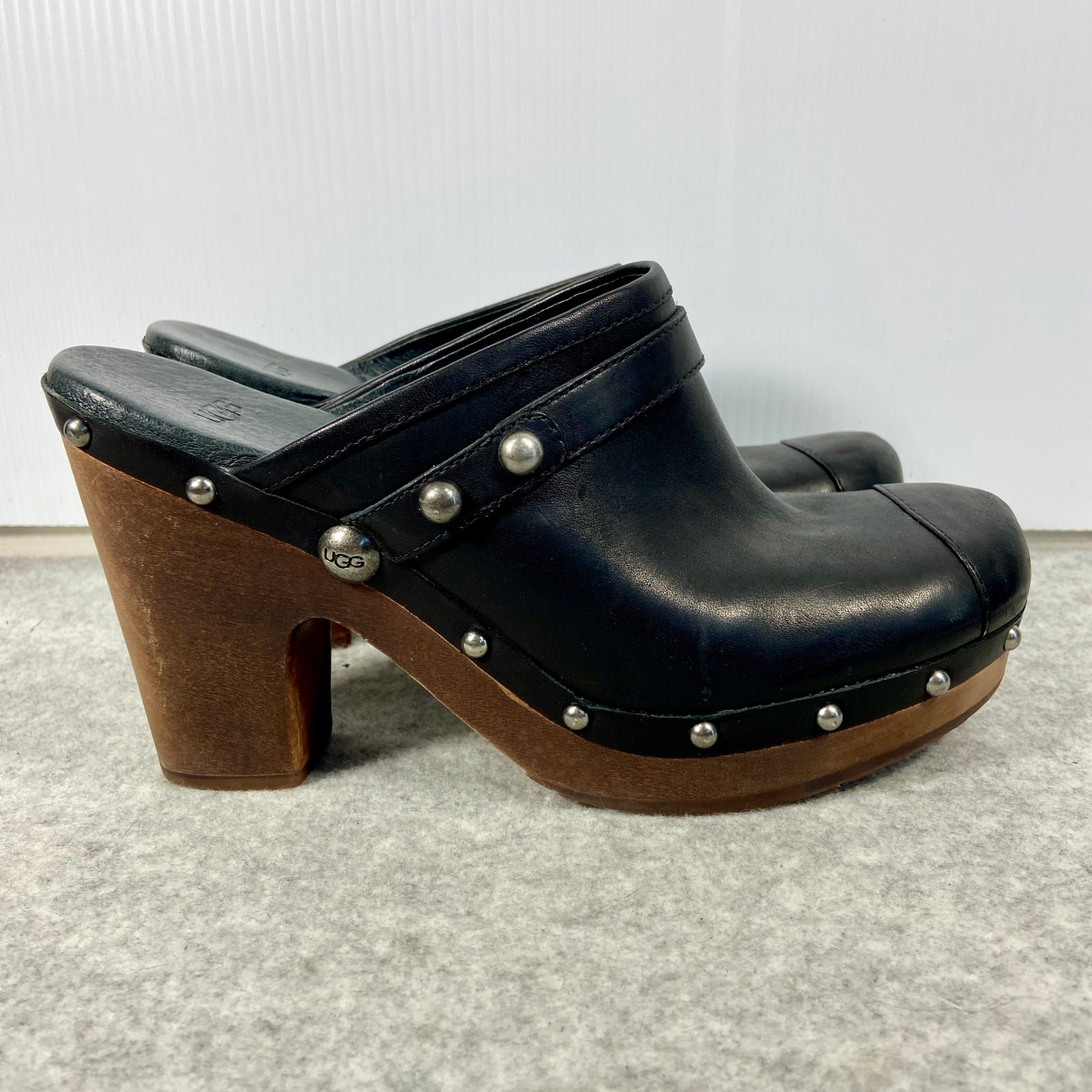 UGG Jolene Black Leather Studded Heeled Clogs Womens 9