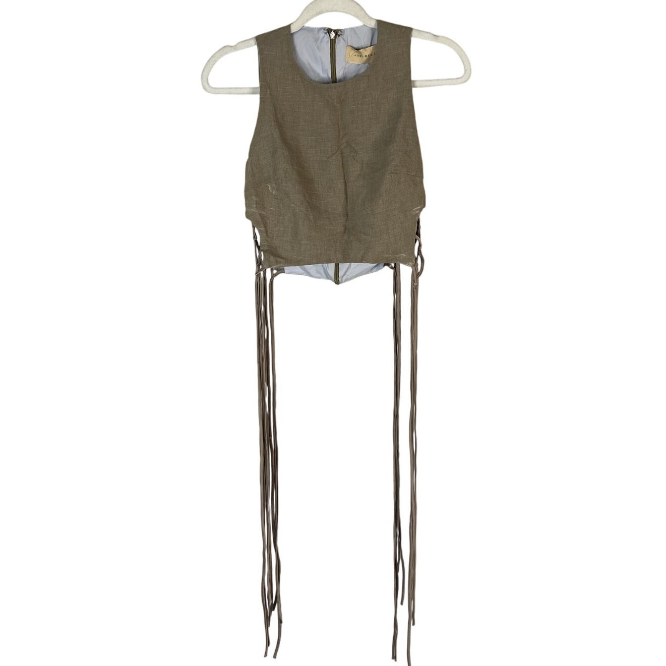 Just Bee Queen Cropped Top Crisscross Side Fringe Boho Chic Western Beige Sz XS