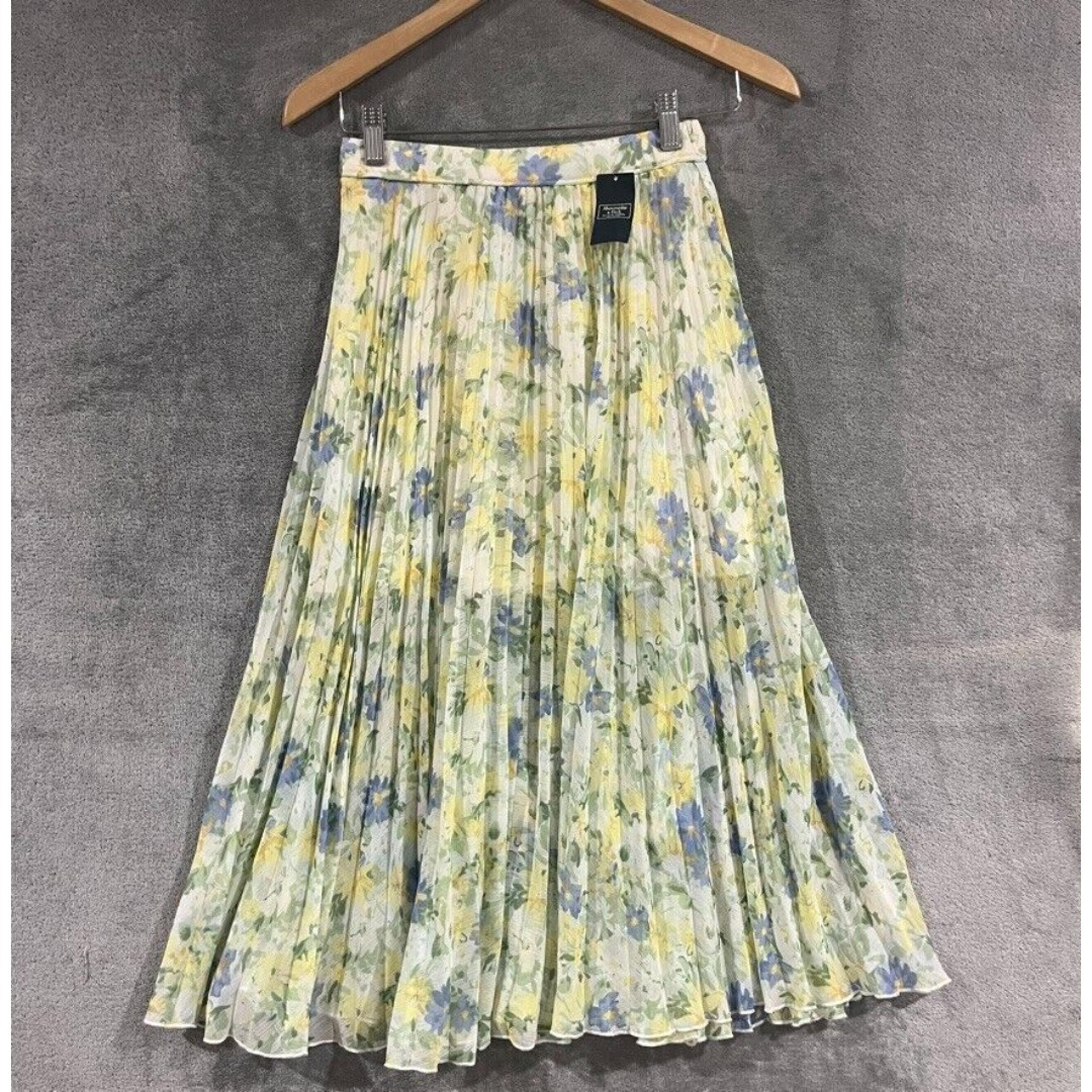 Abercrombie & Fitch Yellow Floral Print Sheer Midi Pleated Chiffon Skirt Size XS