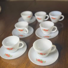Vintage Anchor Hocking Fire King Milk Glass Red Rose Flower Tea Cup & Saucer