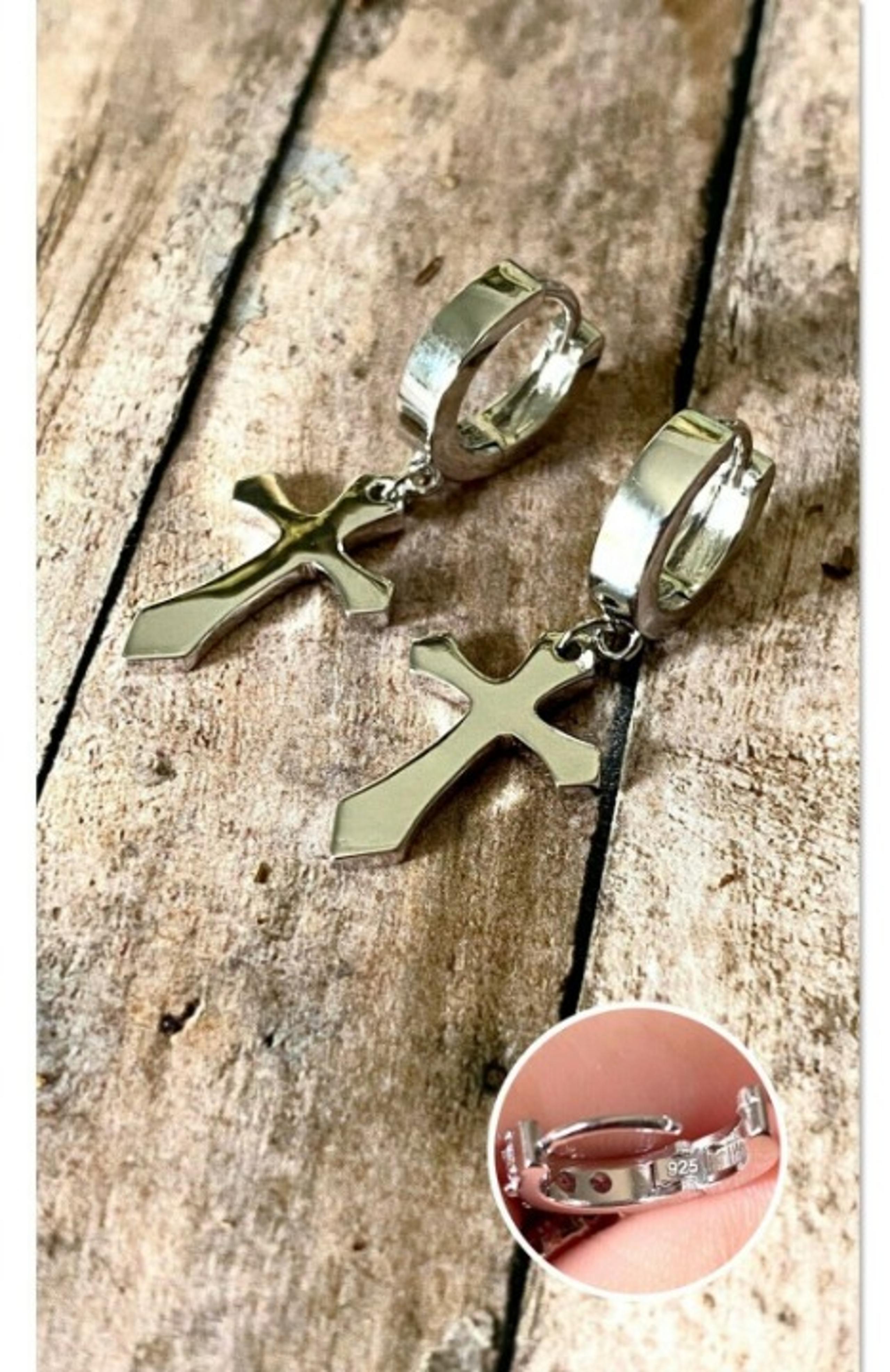 Solid 925 Italy Silver Men's Cross Hoops