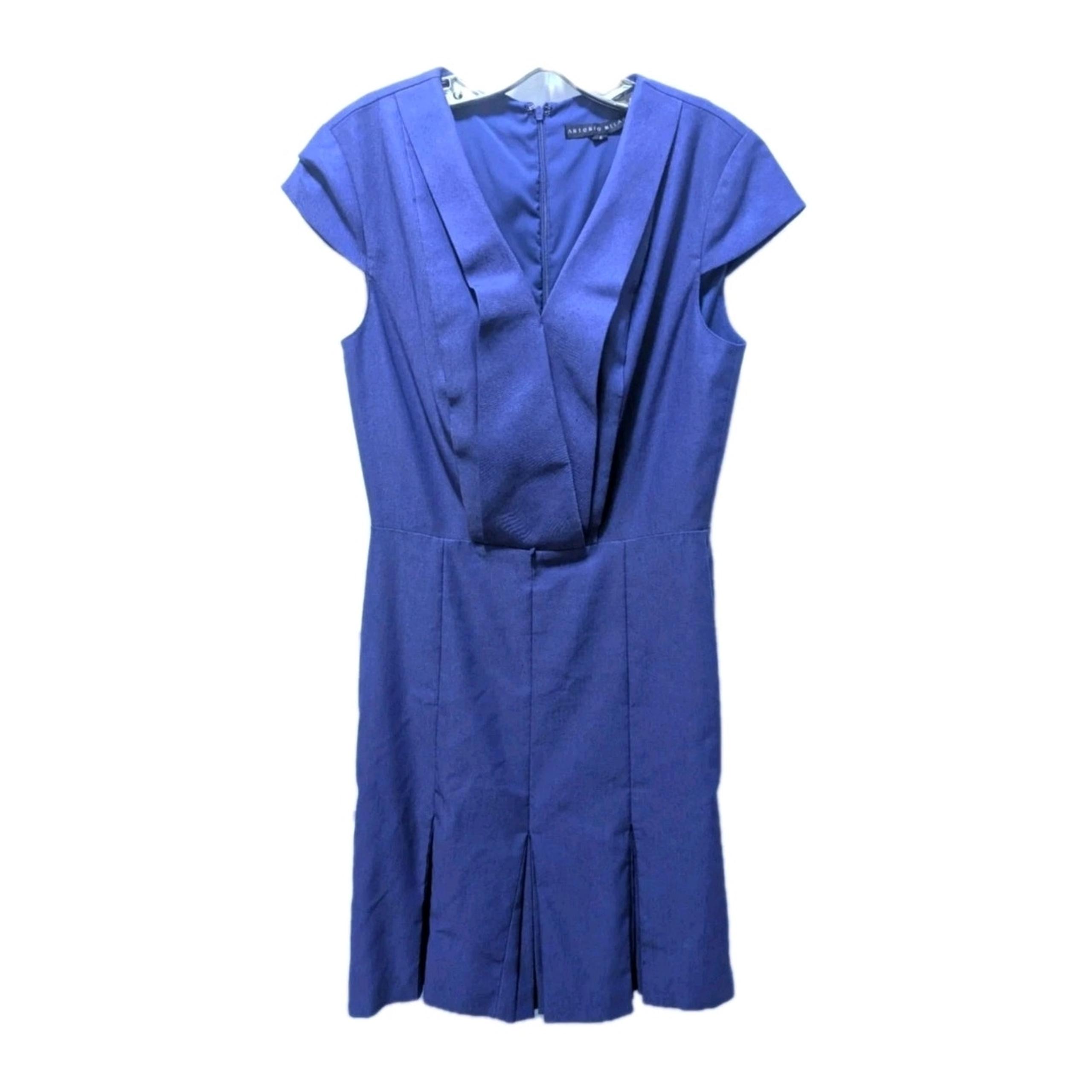 Antonio Melani Sheath Dress Blue Pleated Short Sleeves Business Cocktail Size 8