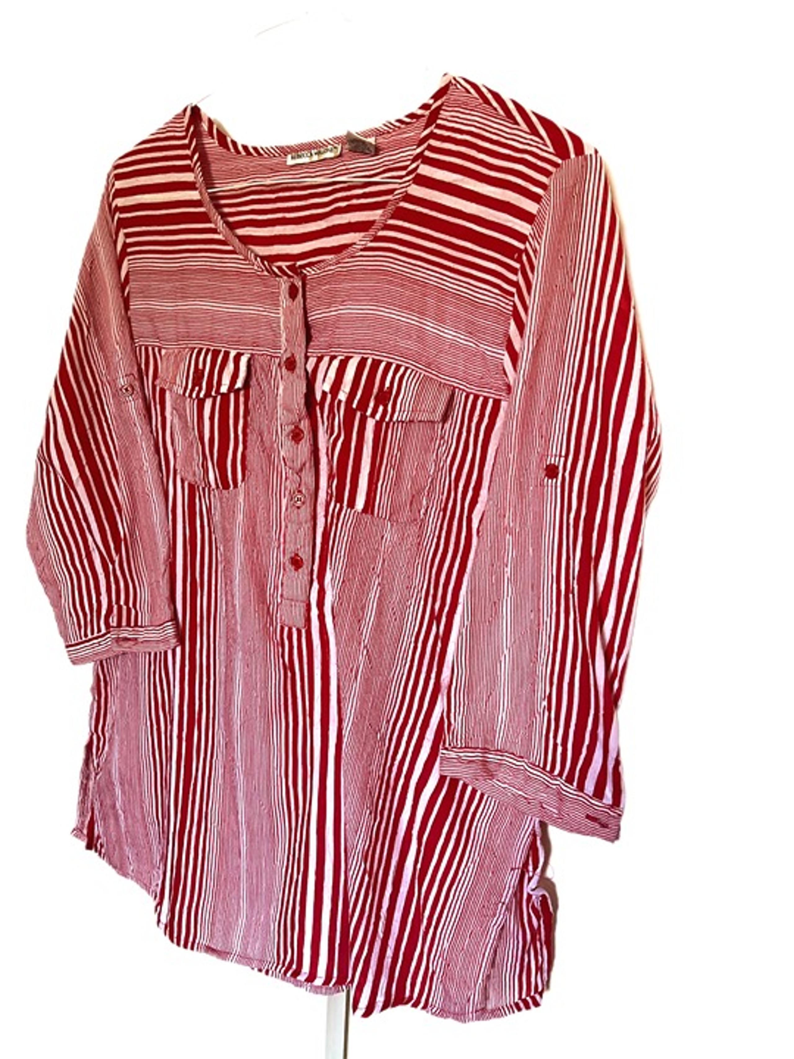 Rebecca Malone Sheer Womens Blouse Red Striped Pullover 3/4 Button Down Front LG