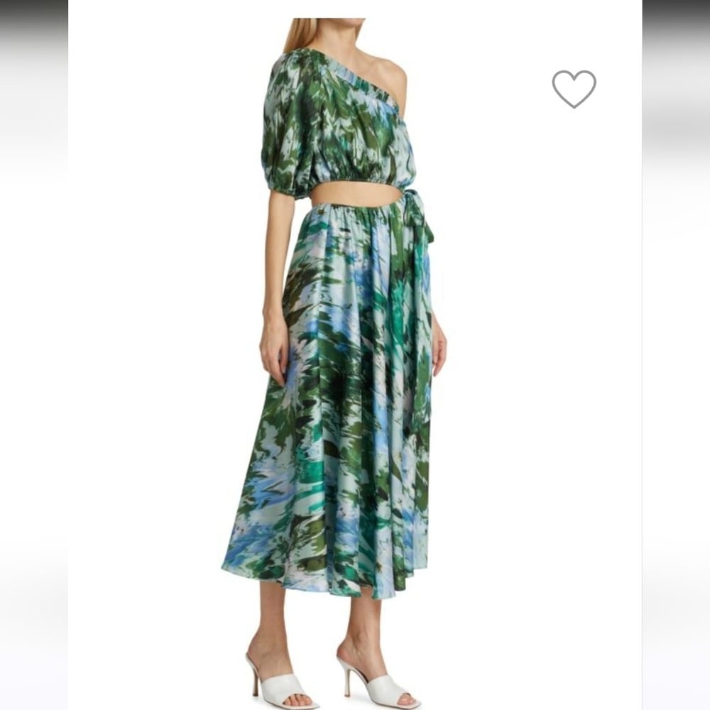 Monique lhuillier satin one shoulder cutout midi dress