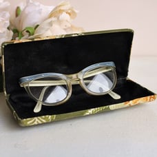 Vintage 1950s Cat Eye Glasses With Case, Rhinestone Embellished Bifocals, Green