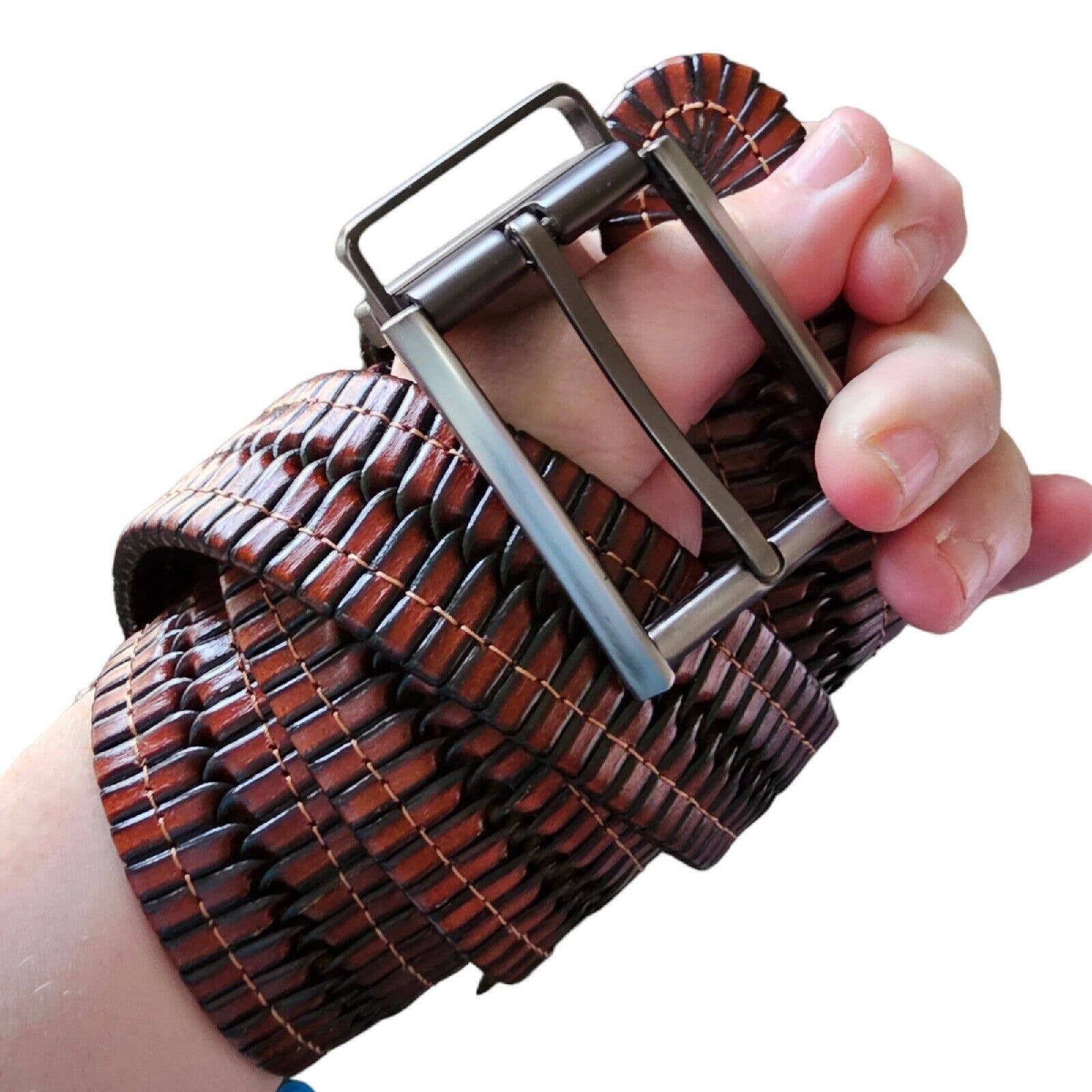 Western Full Grain Thick Leather Belt Woven braided Cowhide Silver Buckle 41