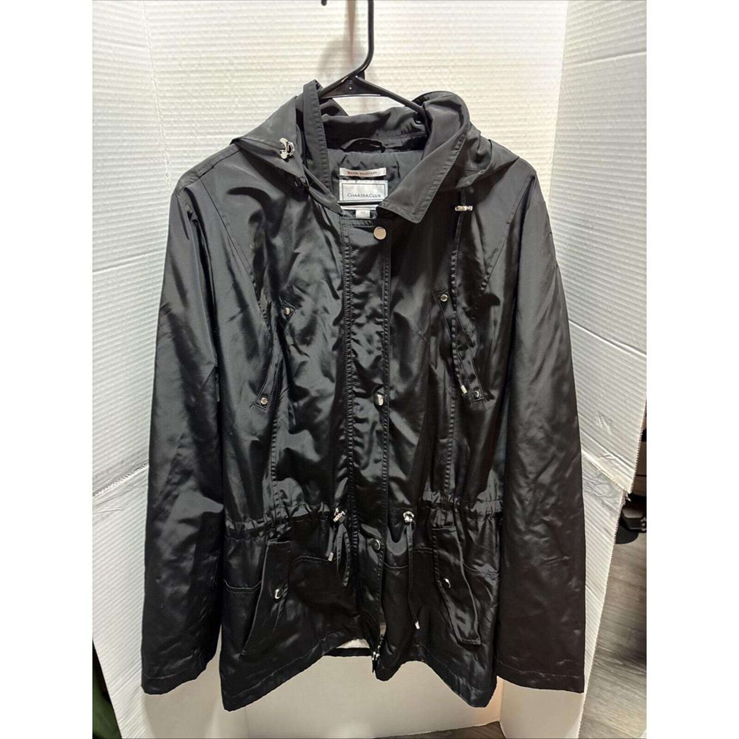 Charter Club Water-Resistant Hooded Jacket Raincoat Black Women's Size XXL